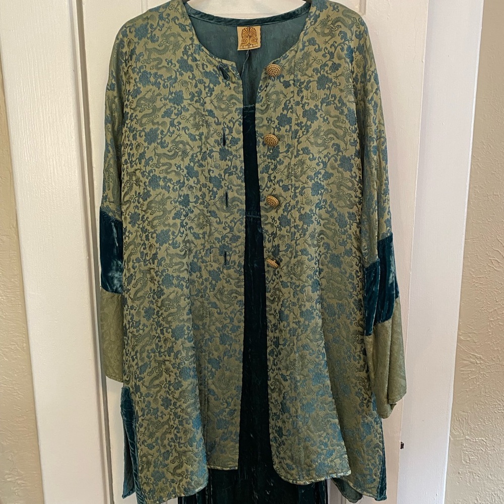 Vintage URU Green, Blue and Gold Silk Brocade Jacket and Green Velvet Maxi Dress